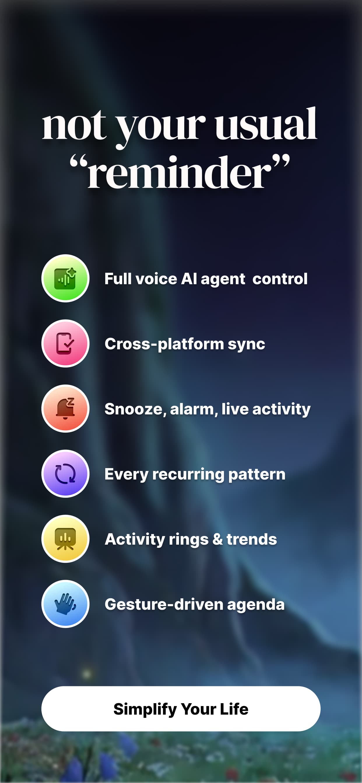 Oakminder feature list - voice AI, cross-platform sync, alarms